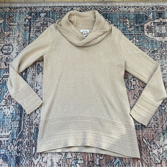 Calvin Klein Tan Beige Cowl Neck Casual Knit Ribbed Sweater Size Medium - Picture 5 of 10